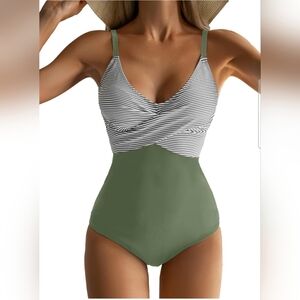 Elegant Olive and Striped One-Piece Swimsuit